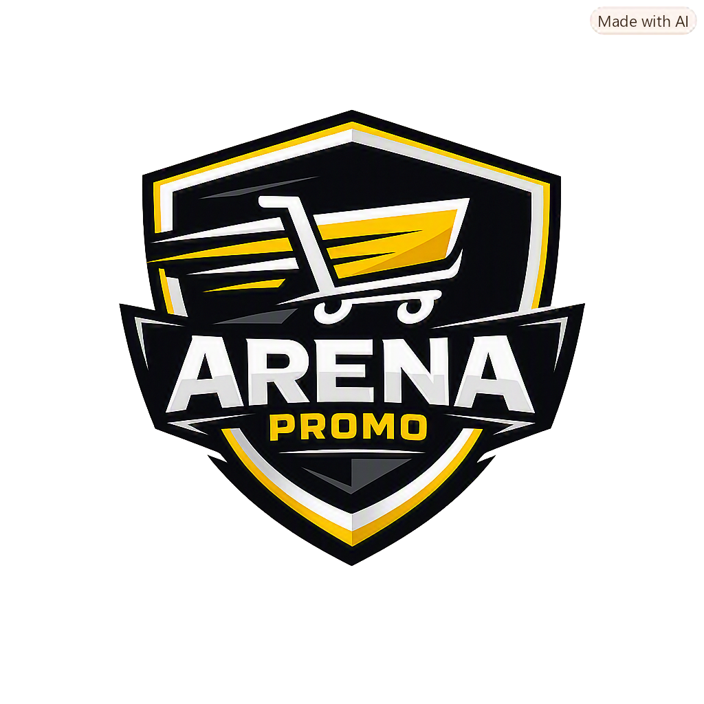 Logotipo Arena Promo, carrinho de compras dourado em escudo